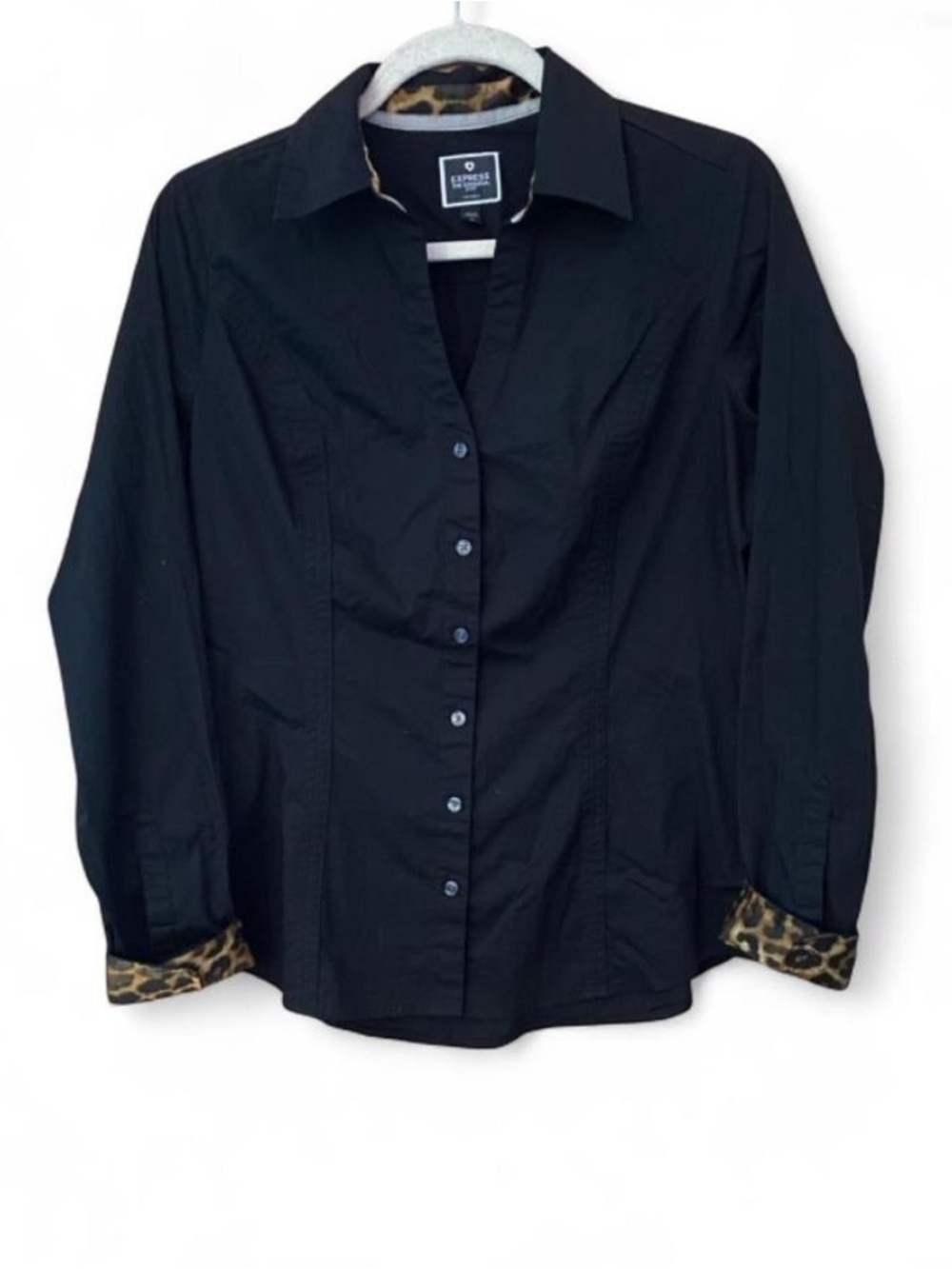 Express The Essential Shirt Original Black Leopard Trim Button Up Collared Shirt